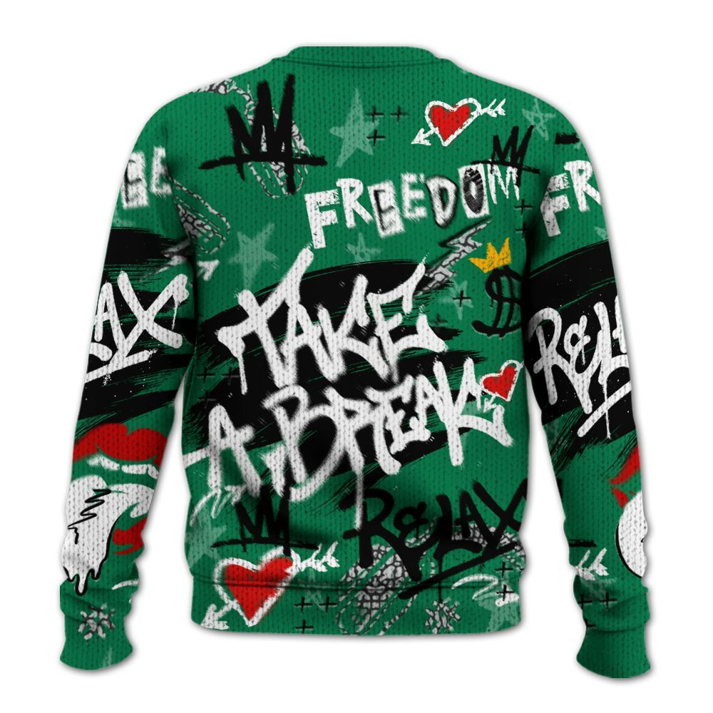 Knitted Sweater To Match Pine Green 3s - Take Break Freedom Graffiti Streetwear