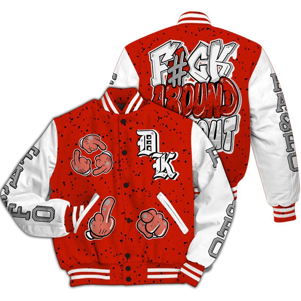 Varsity Jacket To Match Red Cement 4s - F Around Find Out Graphic All Over Print