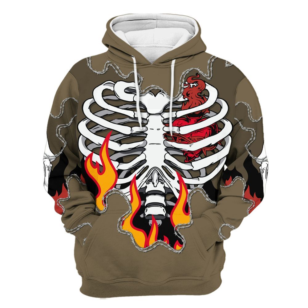 Hoodie To Match Olive 9s - Skeleton Heart On Fire All Over Print