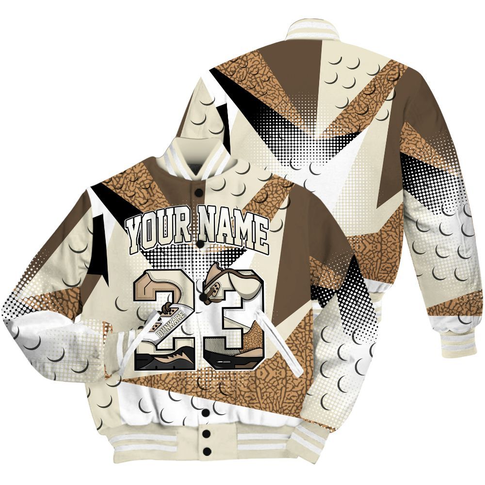 Varsity Jacket To Match Orewood Brown 3s Shirt, Poly Custom Name Number 23 5s All Over Print