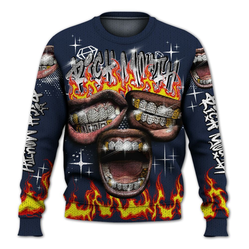 Knitted Sweater To Match Dunk Low White Midnight Navy - Rich Mouth Fire Rap Retro 90s