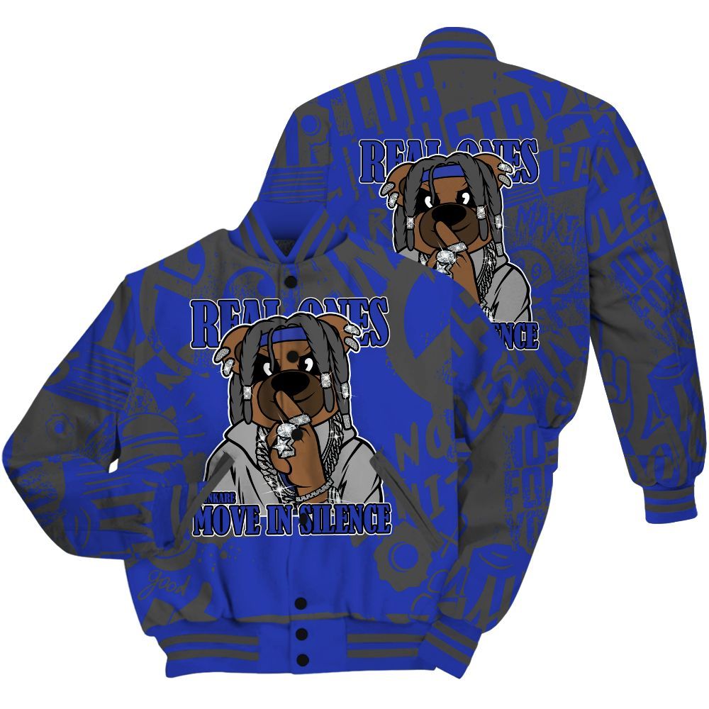 Varsity Jacket To Match Air Max Plus Black Racer Blue Shirt - Silent Achievers Bear Monogram Graffiti All Over Print