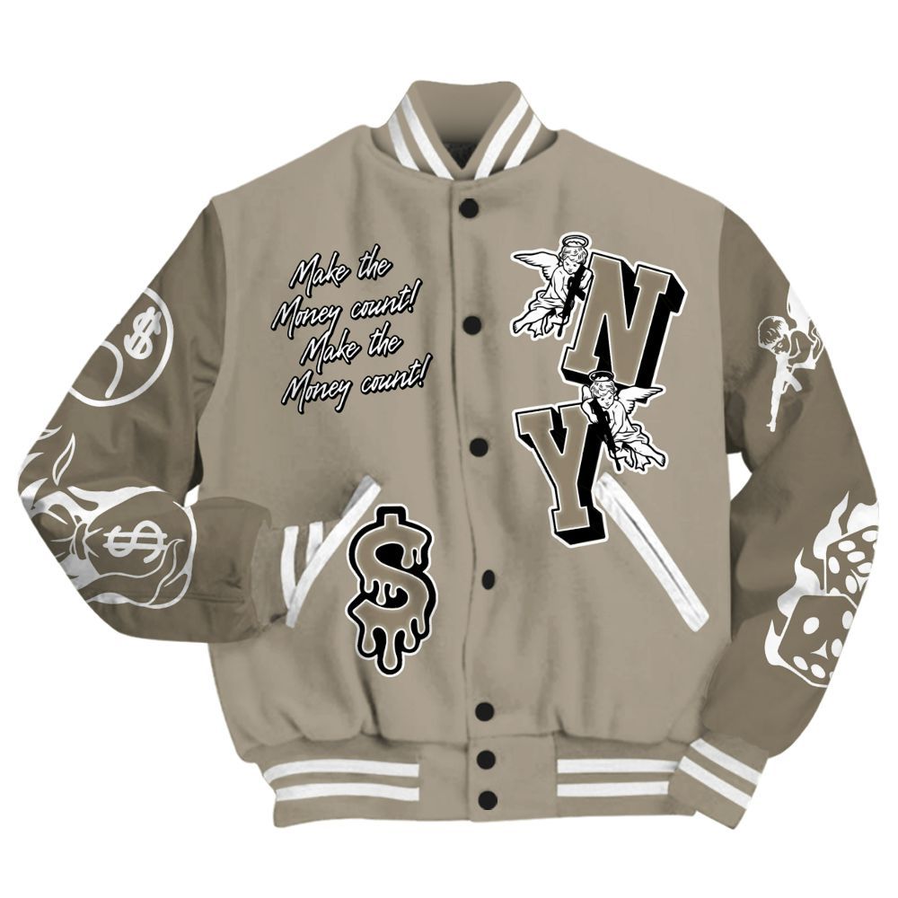 Varsity Jacket To Match High OG Khaki 1s - Paid In Full Money Graphic Varsity Jacket All Over Print