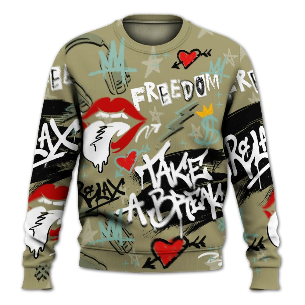 Sweatshirt To Match Dunk Low Suede Olive Aura - Take Break Freedom Graffiti Streetwear All Over Print