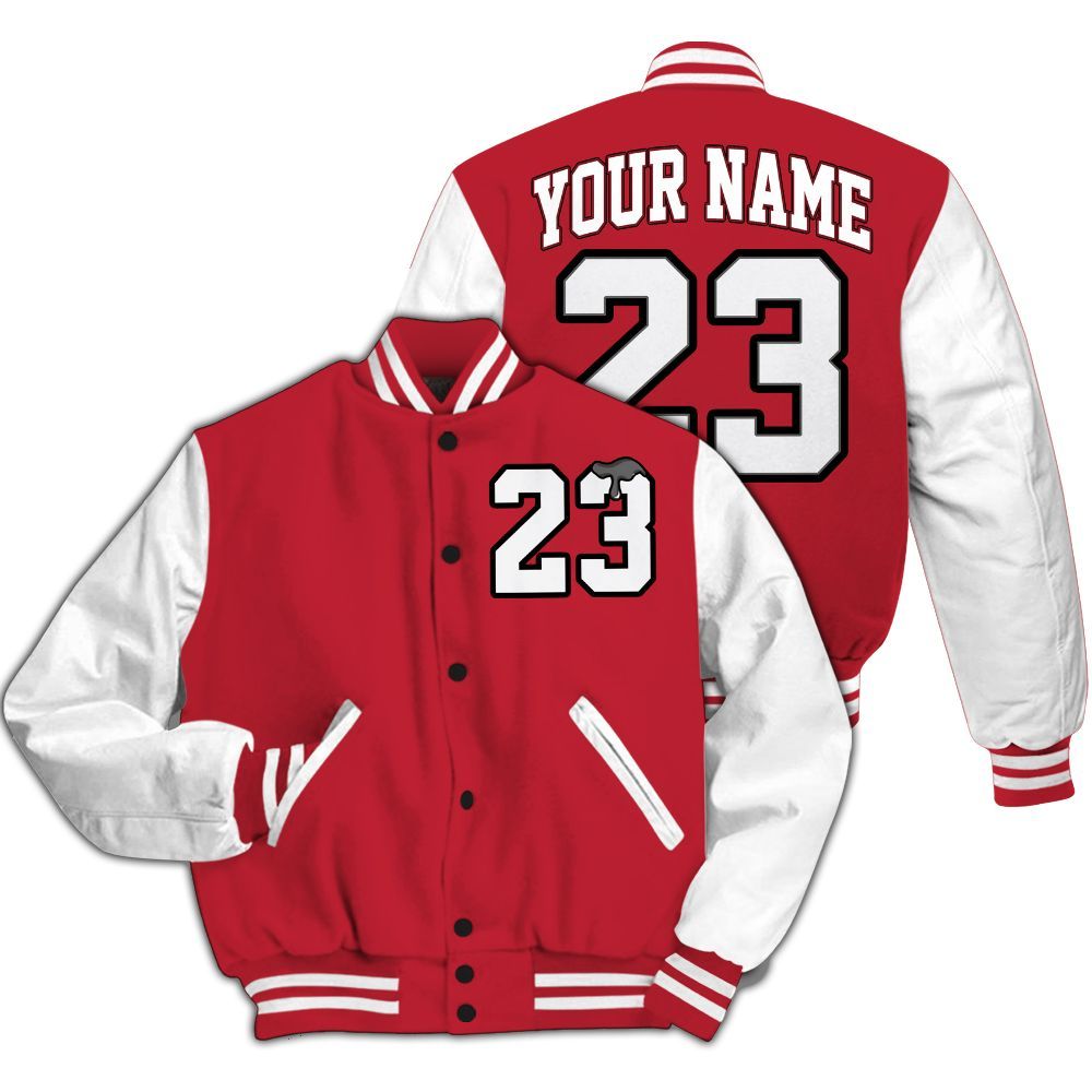 Varsity Jacket To Match Red Flint 13s - Custom Name Number 23 Drip All Over Print