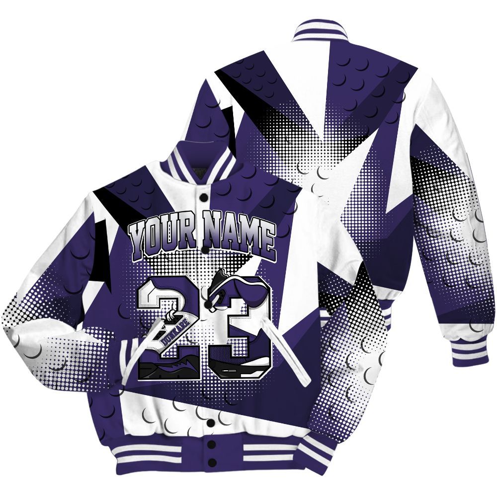 Varsity Jacket To Match Retro Court Purple 13s Shirt, Poly Custom Name Number 23 5s All Over Print