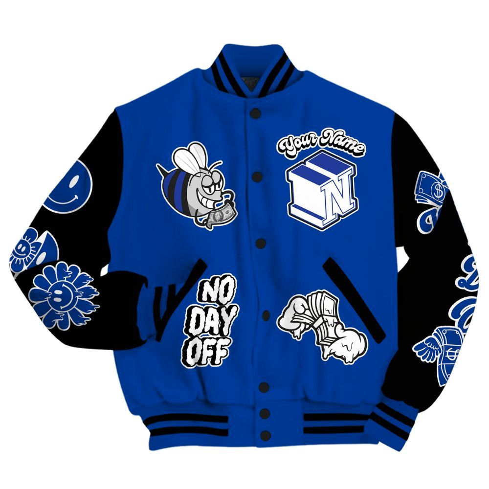 Varsity Jacket To Match Hyper Royal 12s - No Day Off Graphic Custom Name All Over Print