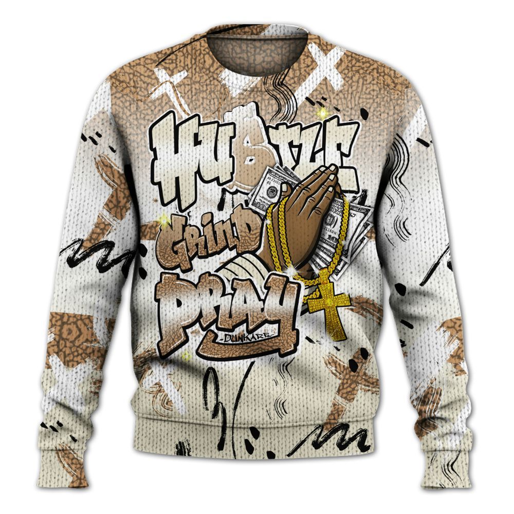 Knitted Sweater To Match Orewood Brown 3s - Money Hustle Grind Pray