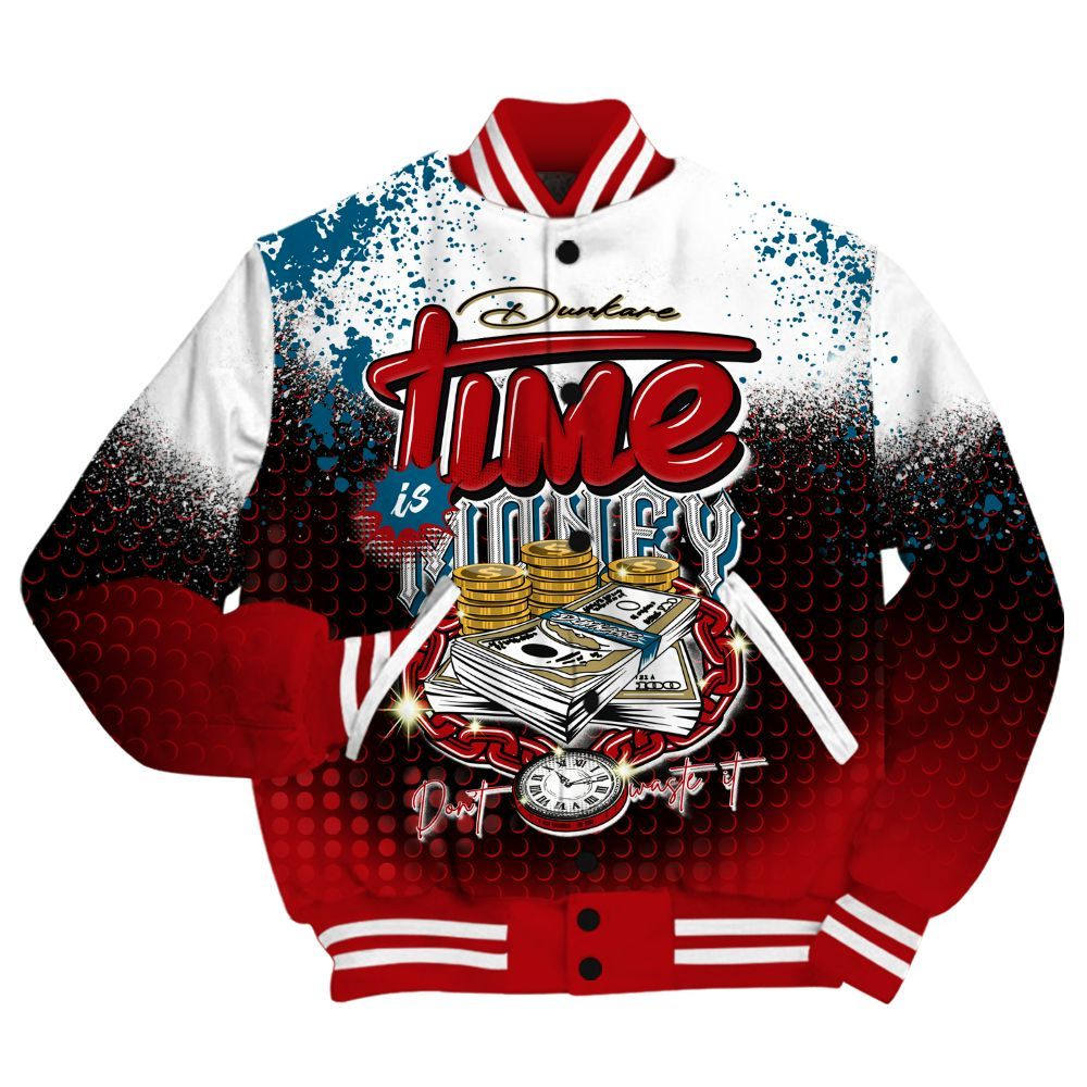 Varsity Jacket To Match OG Varsity Red 17s Shirt, Halftone Time Is Money All Over Print