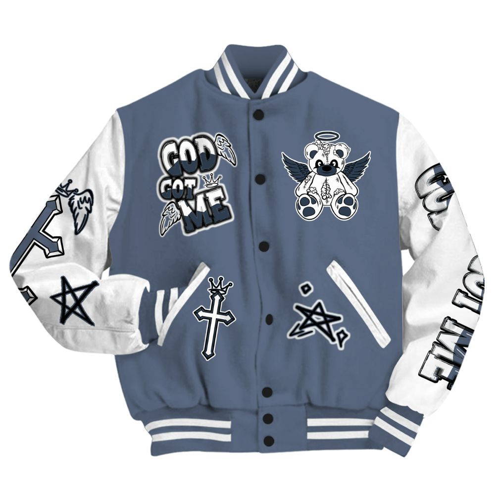 Varsity Jacket To Match Low Diffused Blue 11s - Gods Guides Me Bear All Over Print