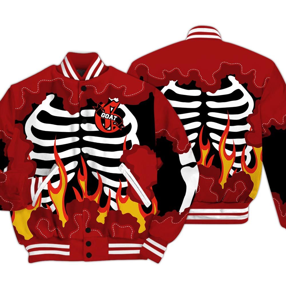 Varsity Jacket To Match Red Taxi 12s - G.O.A.T 23 Skeleton Flame Baseball Varsity Jacket Red Taxi 12s Outfit