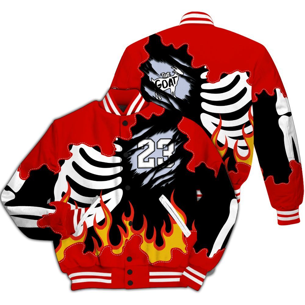 Varsity Jacket To Match Fire Red 6s - Burning Skeleton 23 G.O.A.T All Over Print