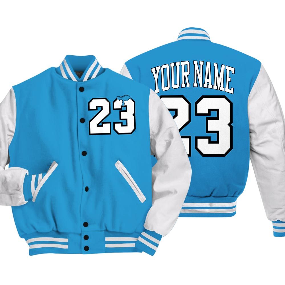 Varsity Jacket To Match Varsity Streetwear Custom Name Number 23 Drip, Powder Blue 9s T-Shirt, Sneaker Powder Blue 9s Baseball Varsity Jacket 1604 NCT