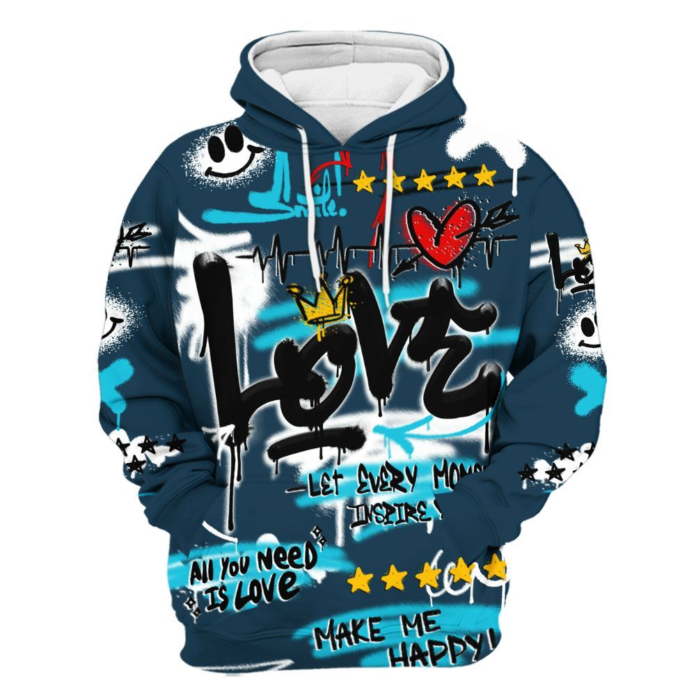 Hoodie To Match Air Navy Baltic Blue - Happy Love Beats Graffiti Streetwear All Over Print