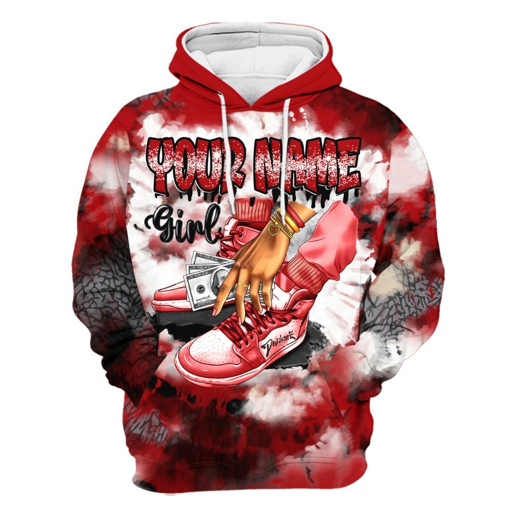 Hoodie To Match Cement Grey 3s Varsity Jacket, Custom Name SNEAKER Girl Money Drip Tie Dye All Over Print