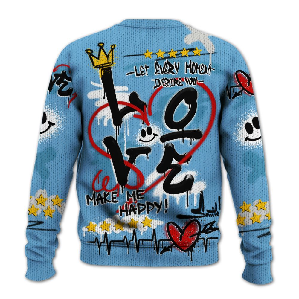 Knitted Sweater To Match SB Dunk Low University Blue - Happy Love Beats Graffiti Streetwear