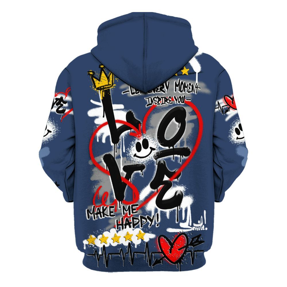 Hoodie To Match Low 85 Metallic Blue 1s - Happy Love Beats Graffiti Streetwear All Over Print