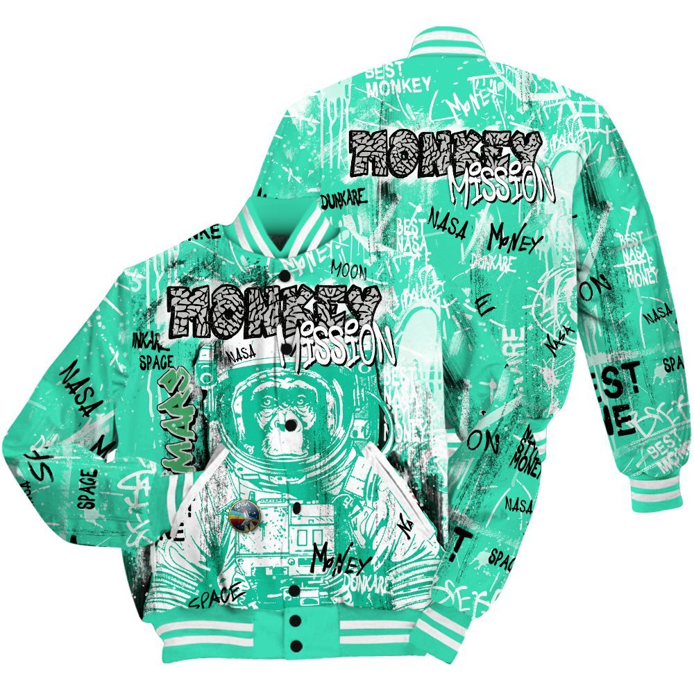 Varsity Jacket To Match Black Green Glow 3s Shirt, Monkey Misson Space Green Glow 3s All Over Print