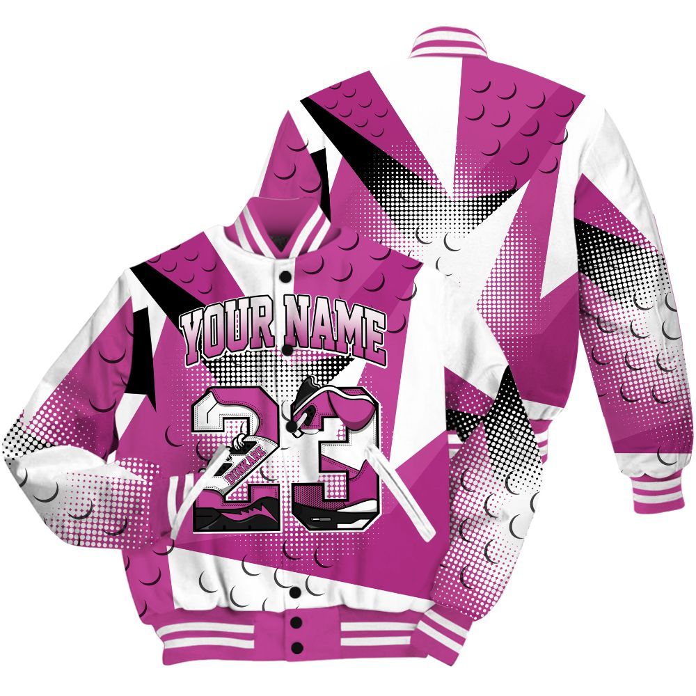 Varsity Jacket To Match Dunk Low Active Fuchsia Shirt, Poly Custom Name Number 23 5s All Over Print