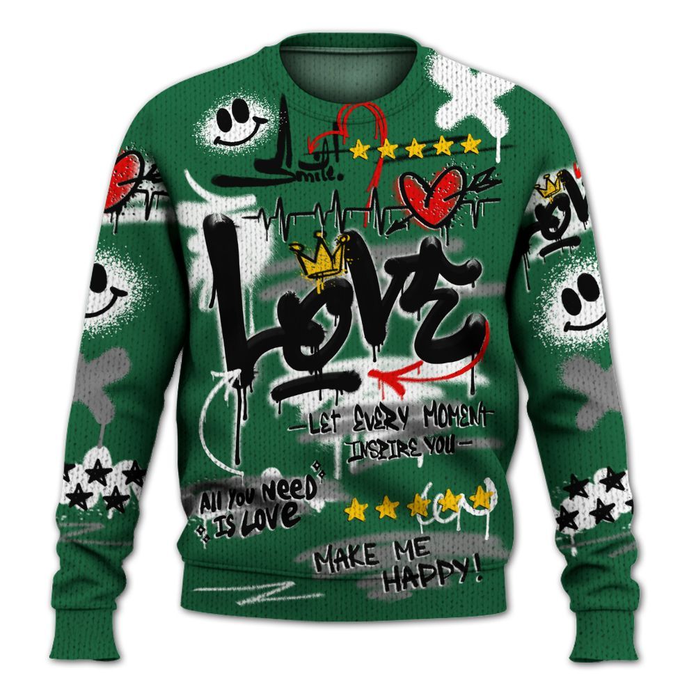 Knitted Sweater To Match High Gorge Green 1s - Happy Love Beats Graffiti Streetwear