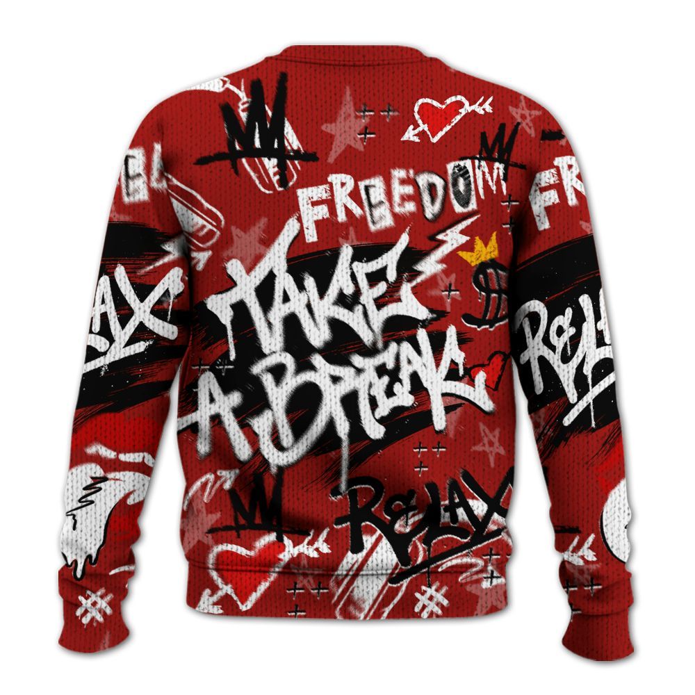 Knitted Sweater To Match High OG Varsity Red 1s - Take Break Freedom Graffiti Streetwear