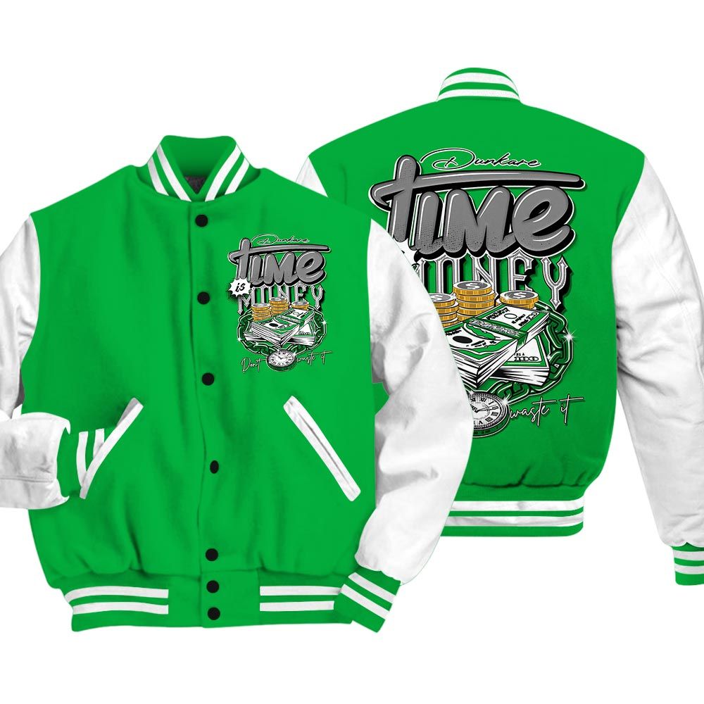 Varsity Jacket To Match Varsity Time Is Money, Lucky Green 5s Baseball - To Match Sneaker Lucky Green 5s Graphic Tee 1904 HDT