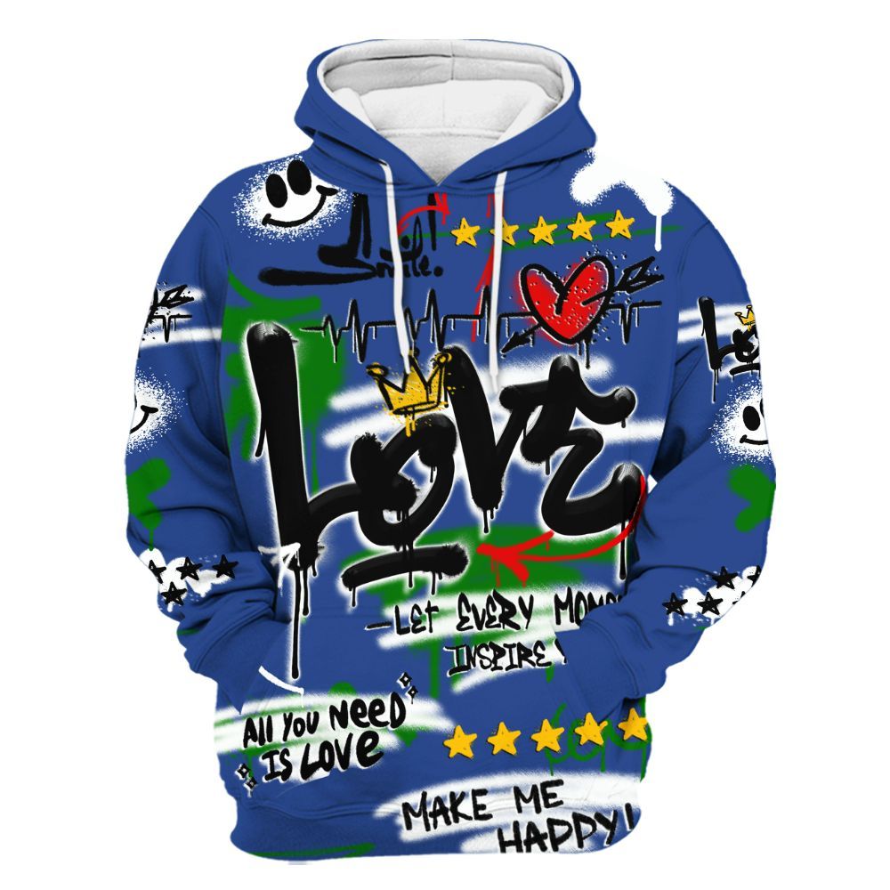 Hoodie To Match Retro Hyper Royal 13s - Happy Love Beats Graffiti Streetwear All Over Print