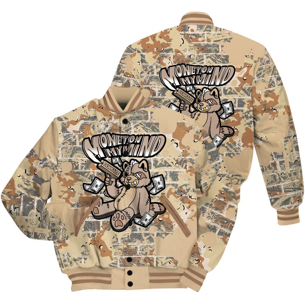 Varsity Jacket To Match Desert Camo 3s Shirt - Money On My Mind Raccoon Brick All Over Print