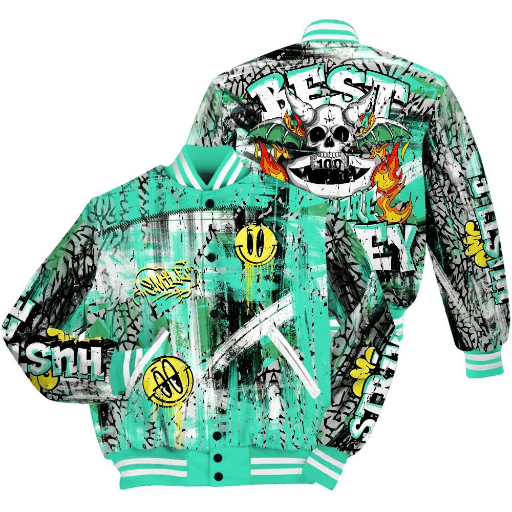 Varsity Jacket To Match Black Green Glow 3s - Money Skull Smile Fire Green Glow 3s All Over Print