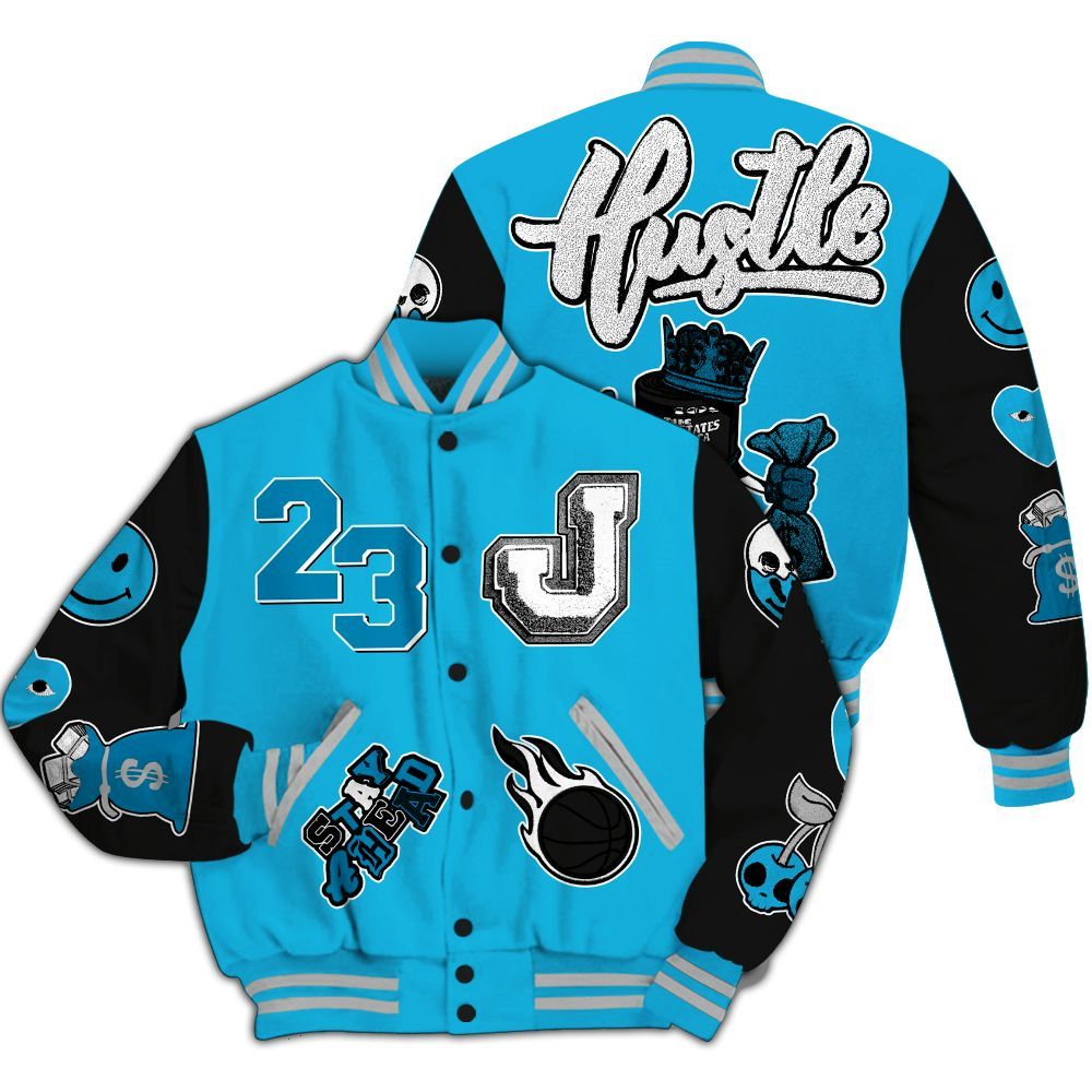 Varsity Jacket To Match Black University Blue 2026 14s - Hustles Money Number 23 All Over Print