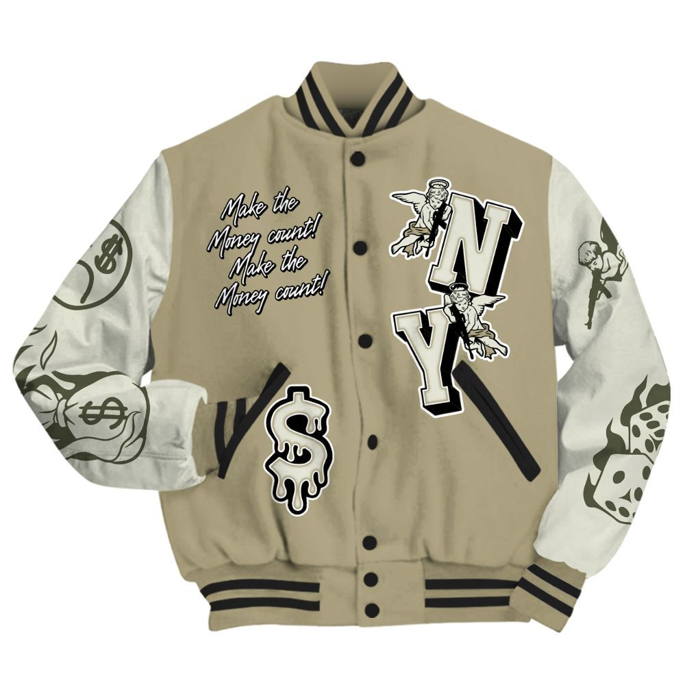 Varsity Jacket To Match Low OG Medium Olive 1s - Paid In Full Money Graphic Varsity Jacket All Over Print