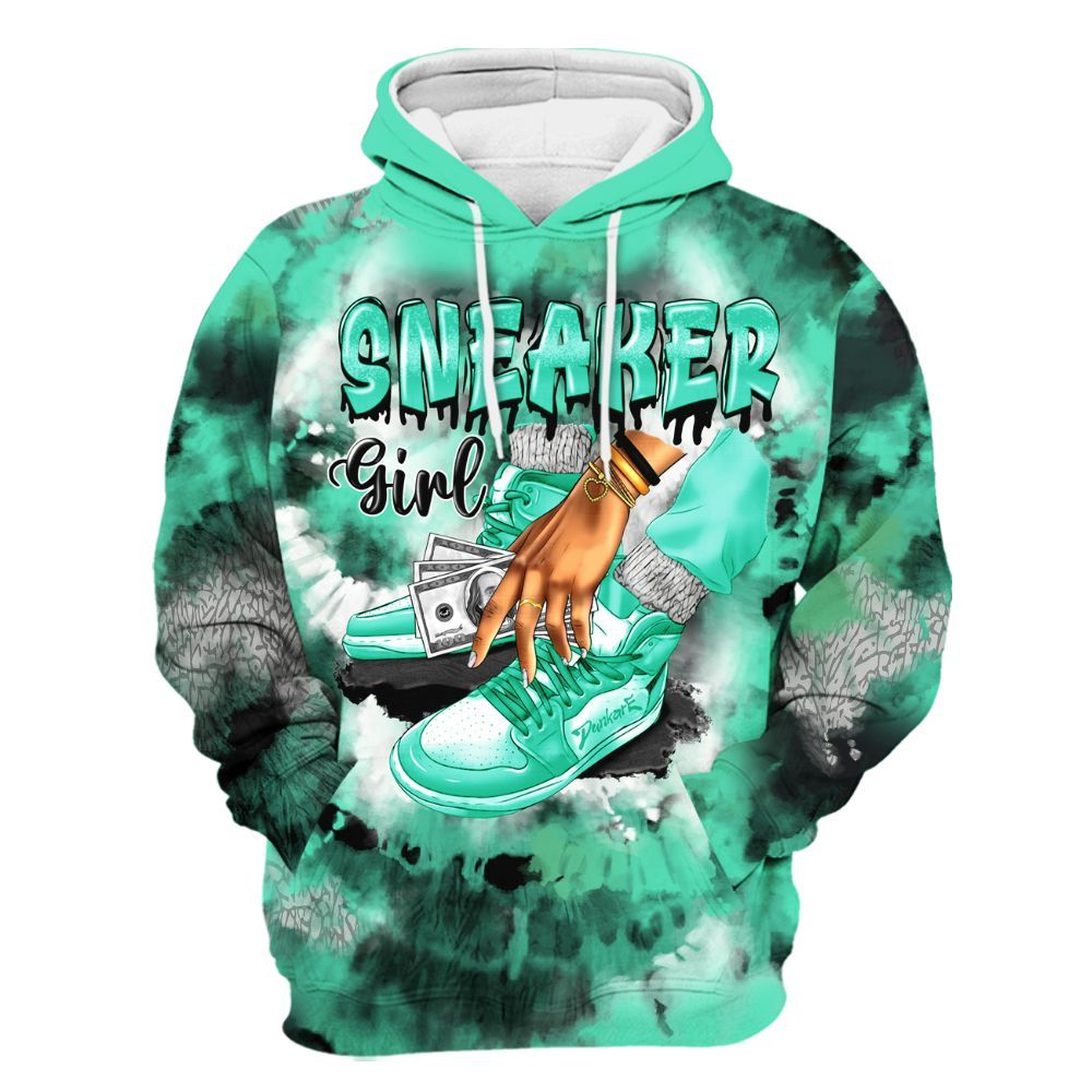 Hoodie To Match Black Green Glow 3s - SNEAKER Girl Money Drip Tie Dye All Over Print