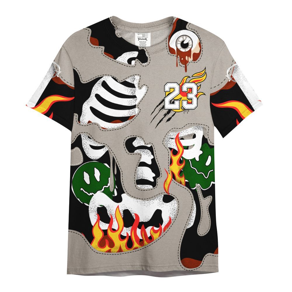 Shirt To Match El Grito 5s - Skeleton Smile Flame Drip All Over Print