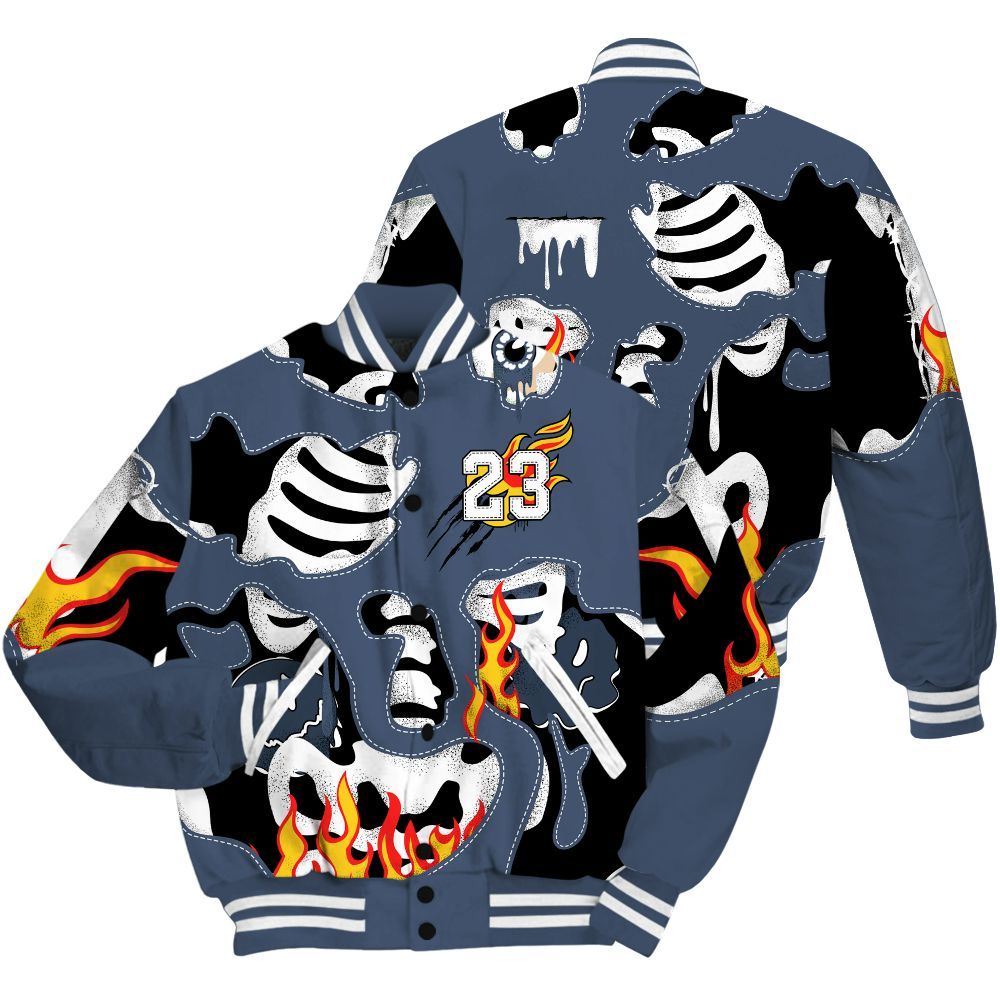 Varsity Jacket To Match Low Diffused Blue 11s - Skeleton Smile Flame Drip All Over Print