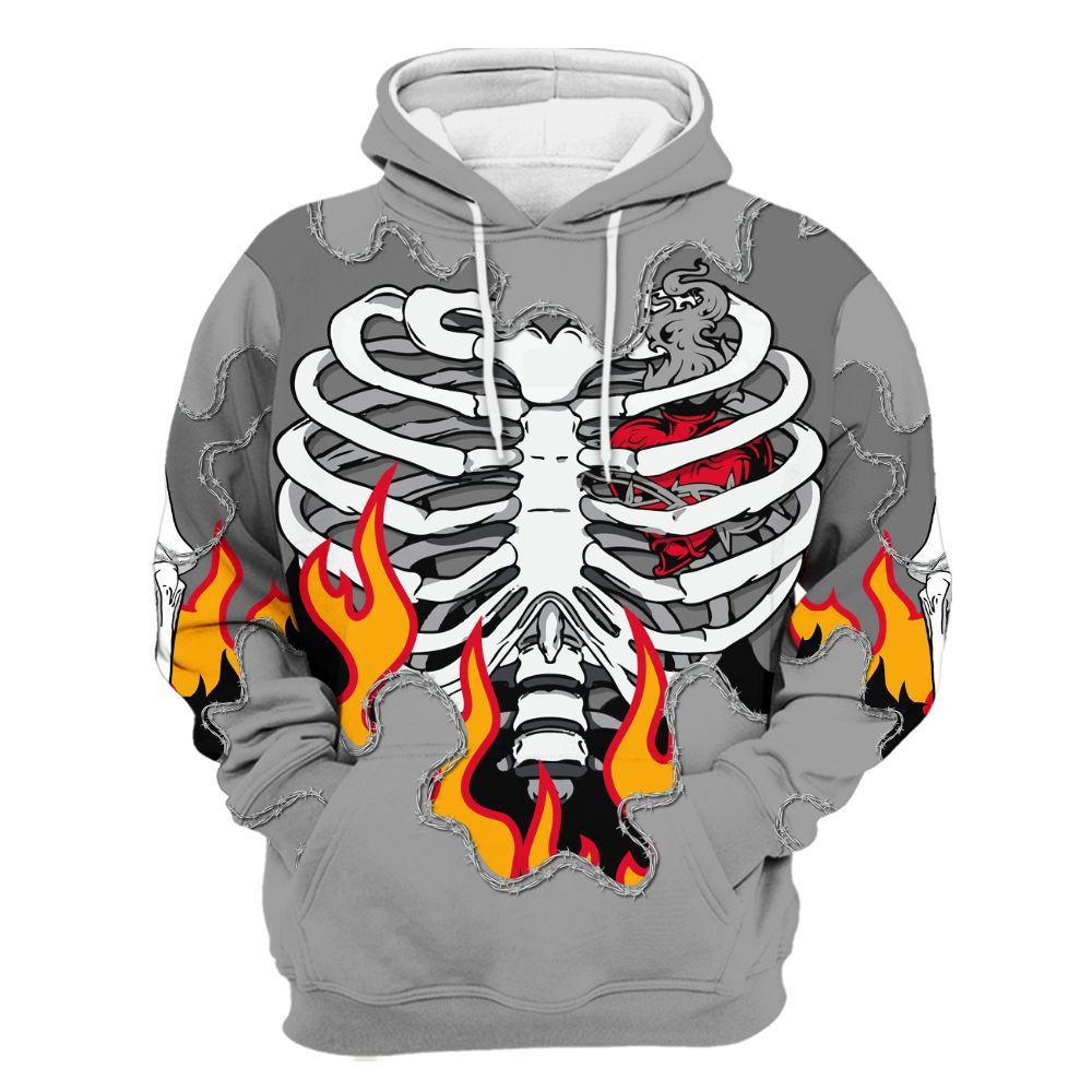Hoodie To Match Black Wolf Grey 12s - Skeleton Heart On Fire All Over Print