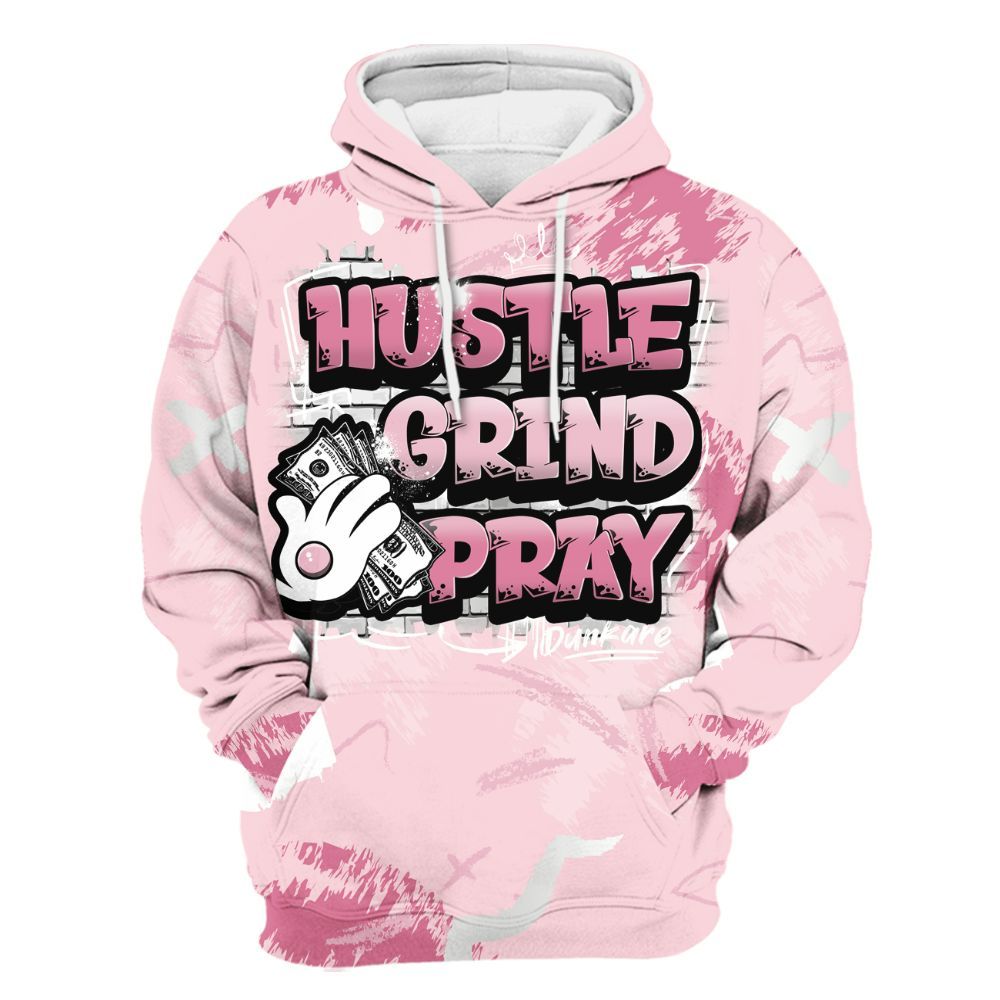 Hoodie To Match GS Pearl Pink 12s Shirt, Hustle Grind Pray Graphic Street Style All Over Print