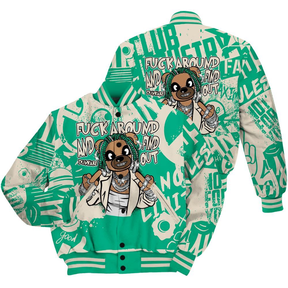 Varsity Jacket To Match Oxidized Green 4s Shirt - F#ck Around Bear Bear Monogram Graffiti All Over Print