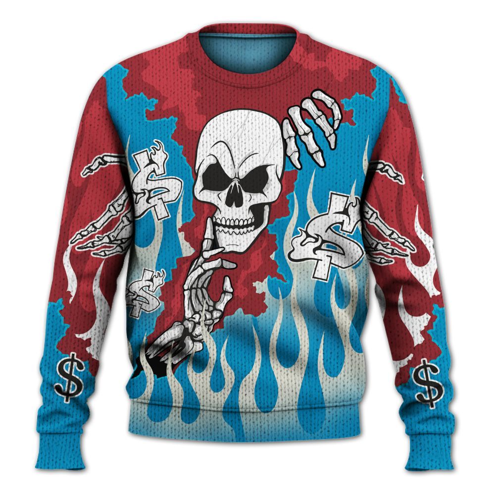 Knitted Sweater To Match High OG University Red Dark Powder Blue 1s - Ones Move In Silence Graphic Trapped