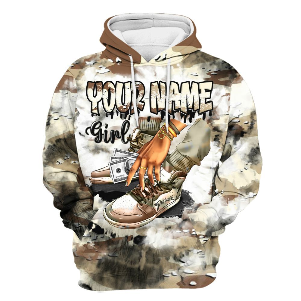 Hoodie To Match Desert Camo 3s Varsity Jacket, Custom Name SNEAKER Girl Money Drip Tie Dye All Over Print