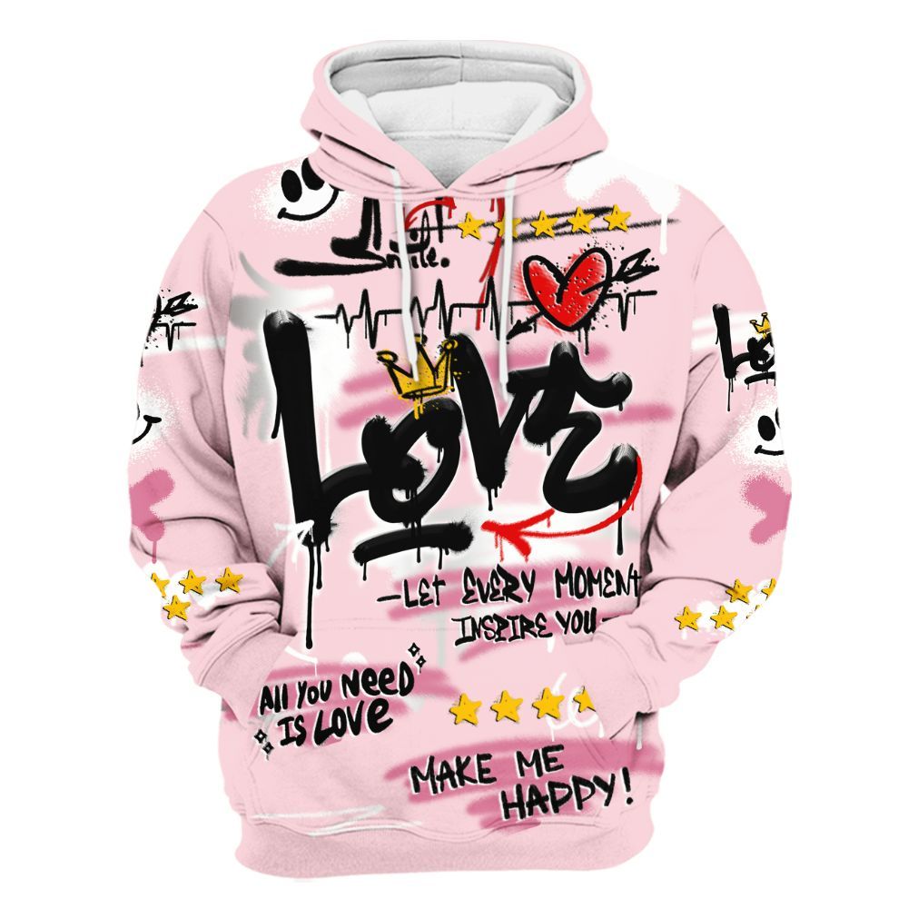 Hoodie To Match GS Pearl Pink 12s Shirt, Happy Love Beats Graffiti Streetwear All Over Print