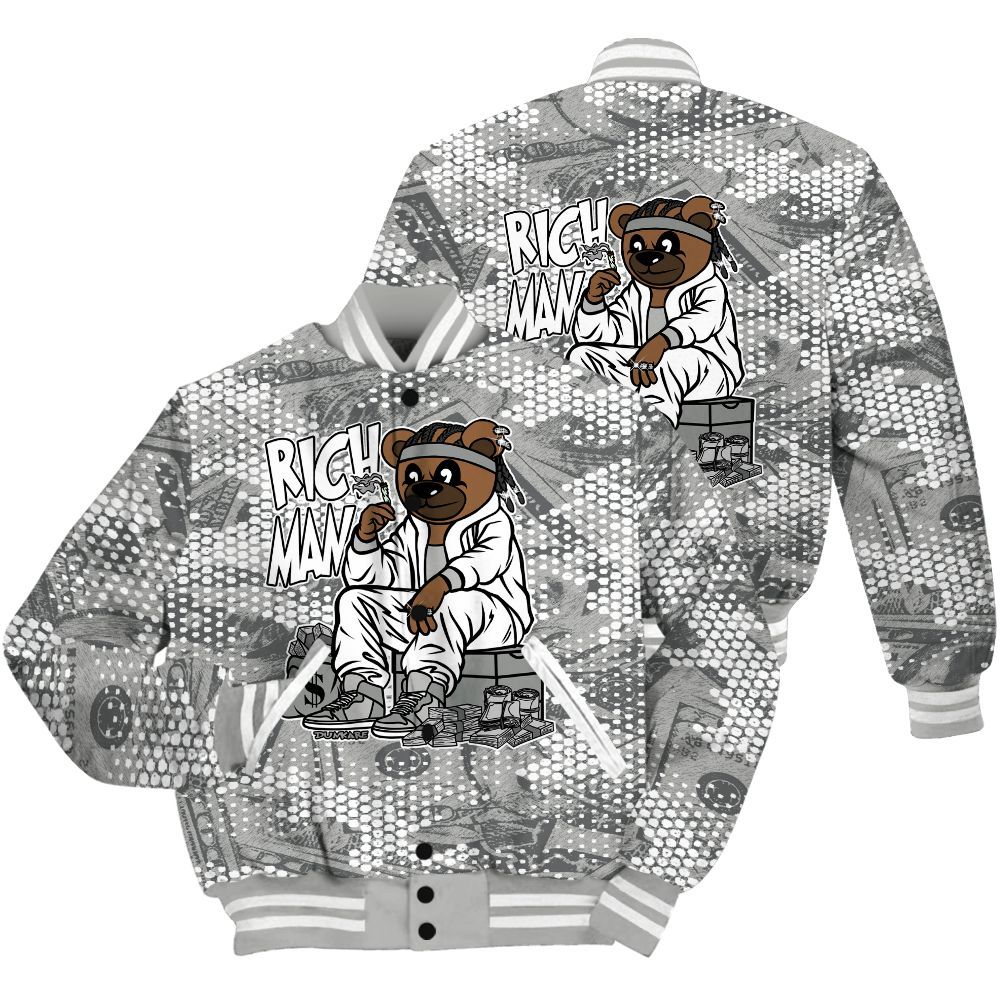 Varsity Jacket To Match Paris Cement Grey 4s Shirt - Rich Man Bear Banknotes Art All Over Print