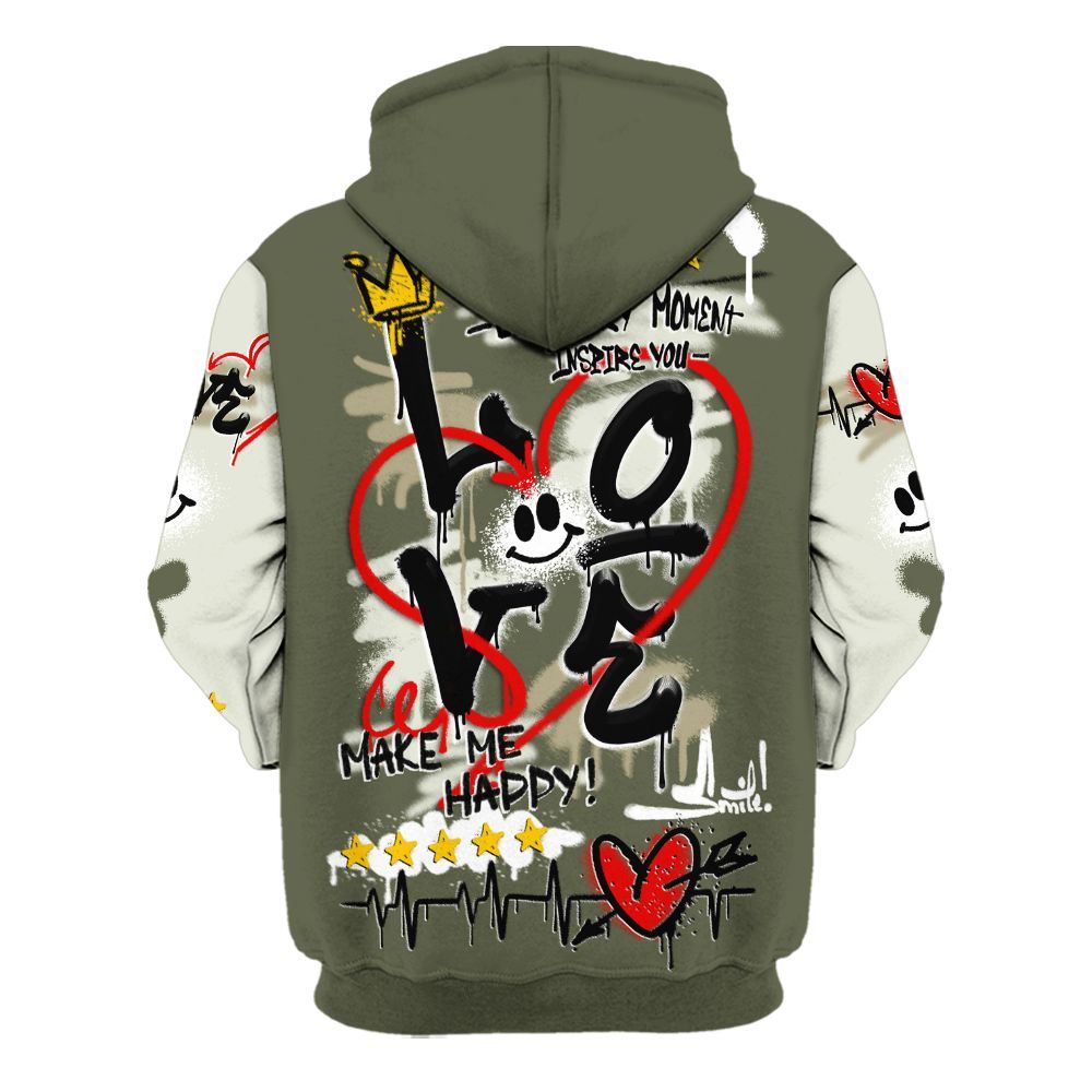 Hoodie To Match Low OG Medium Olive 1s - Happy Love Beats Graffiti Streetwear All Over Print