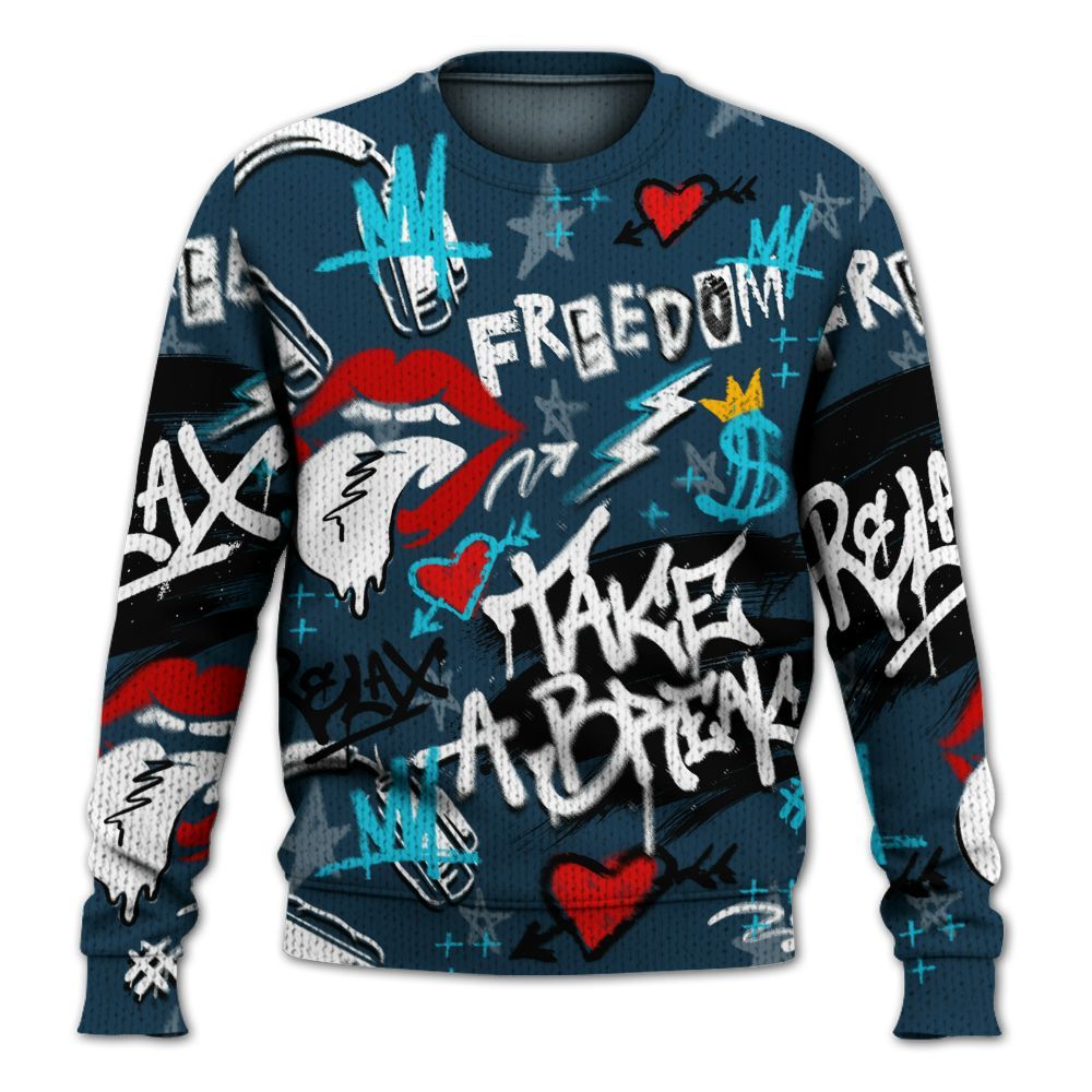Knitted Sweater To Match Air Navy Baltic Blue - Take Break Freedom Graffiti Streetwear