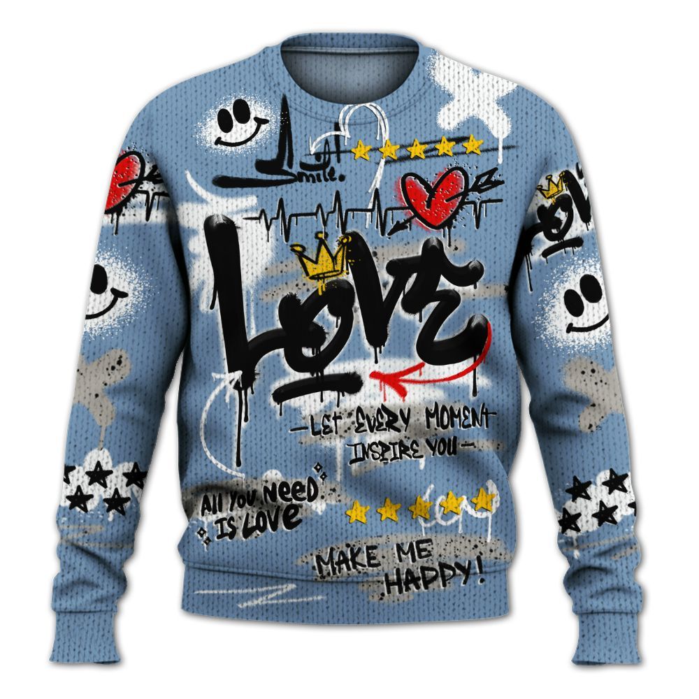 Knitted Sweater To Match University Blue 4s - Happy Love Beats Graffiti Streetwear