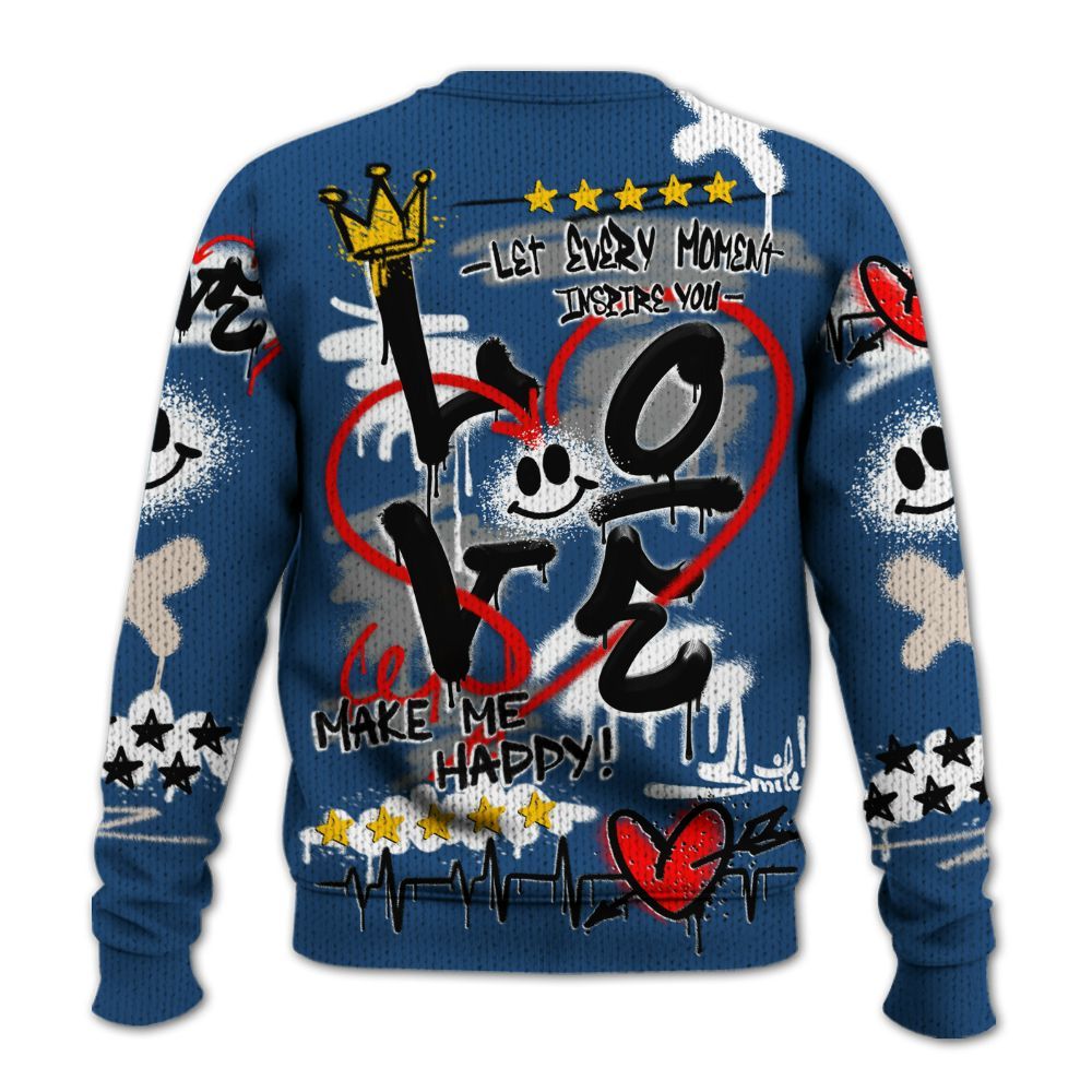 Knitted Sweater To Match High OG Midnight Navy 1s - Happy Love Beats Graffiti Streetwear