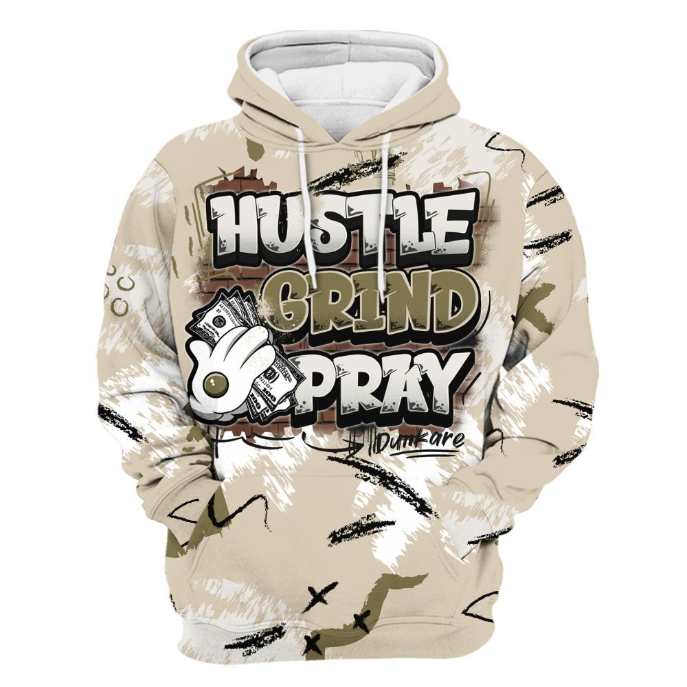 Hoodie To Match Sail Neutral Olive 6s - Hustle Grind Pray Graphic Street Style All Over Print