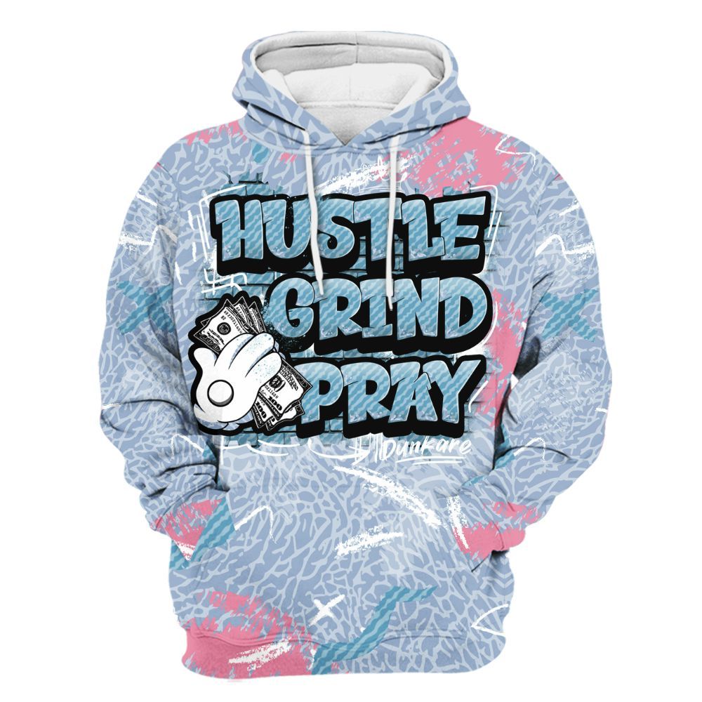 Hoodie To Match Denim Pink Glow 3s - Hustle Grind Pray All Over Print