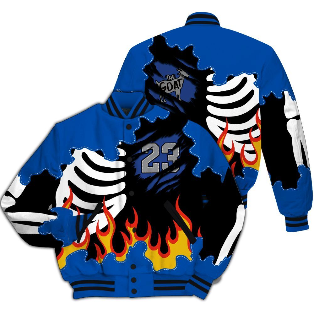 Varsity Jacket To Match Racer Blue 5s - Burning Skeleton 23 G.O.A.T All Over Print