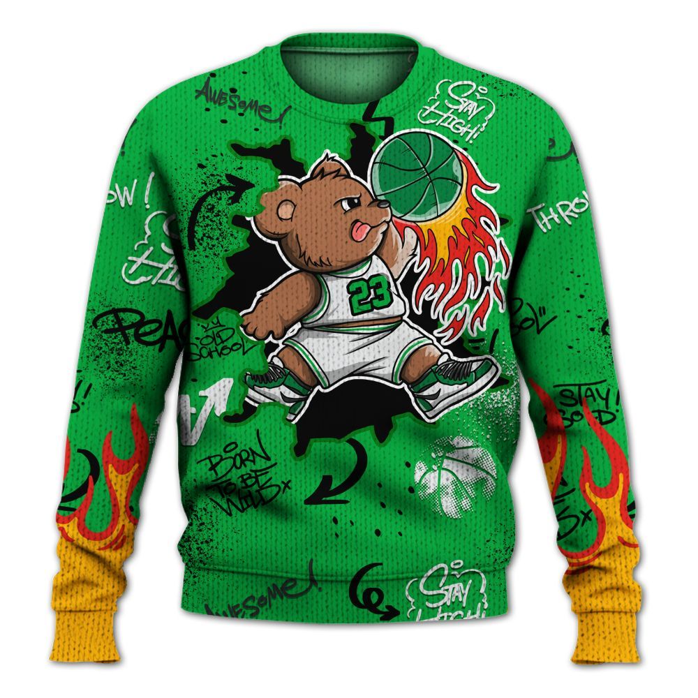 Knitted Sweater To Match Lucky Green 5s - Number 23 Basketball Bear Custom Name