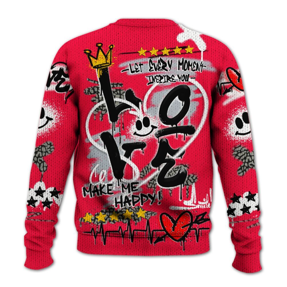 Knitted Sweater To Match Retro Fire Red 3s - Happy Love Beats Graffiti Streetwear